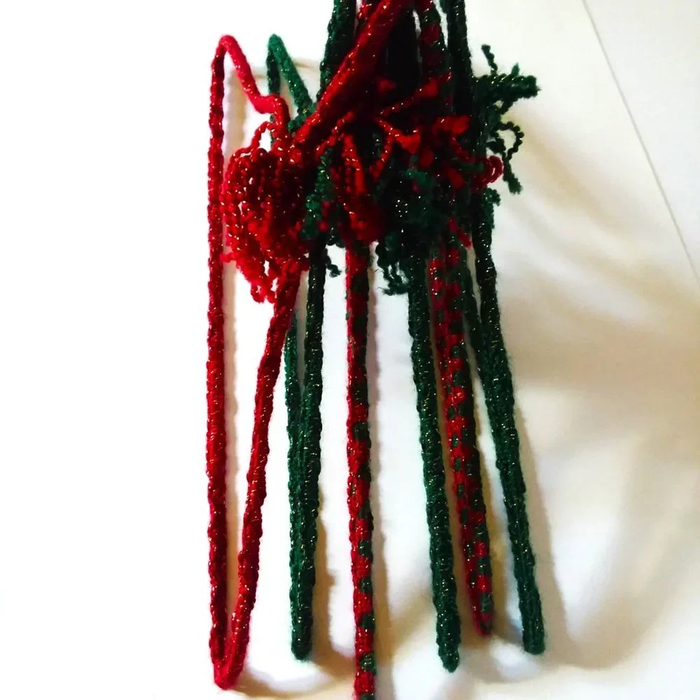 6 VTG 70s Crocheted Hangers Christmas Pom Poms Handmade Metal Retro Granny Knit